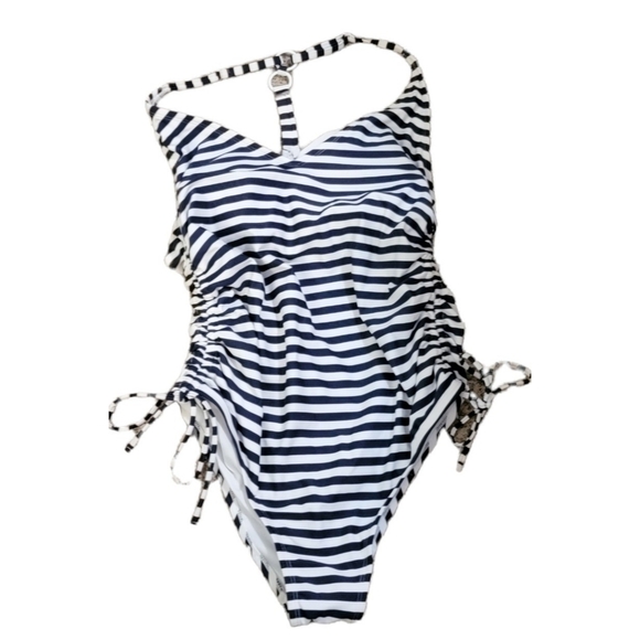 Kona Sol Side Cinch High Coverage One piece swimsuit Navy/ White Stripe Size XL - Picture 5 of 12